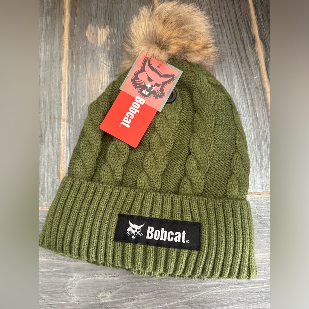 Olive Green Women Winter Hat with Faux Fur Pom Pom